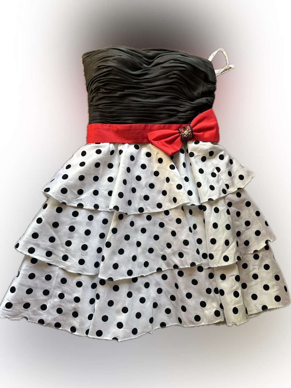 Alisha Hill Black Ruched Strapless Dress with White Polka Dot Tiers and Red Bow